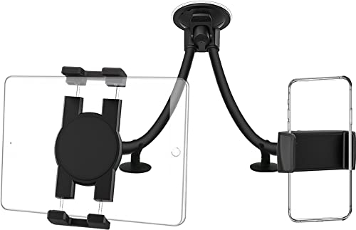 Oilcan Dual Auto Tablet Handyhalter, KFZ Windschutzscheibe Armaturenbrett Tablet Halterung Saugnapf mit Flexible Doppelten Lang Schwanenhals für iPad Pro Air Mini, Galaxy, iPhone usw (4-12.9)