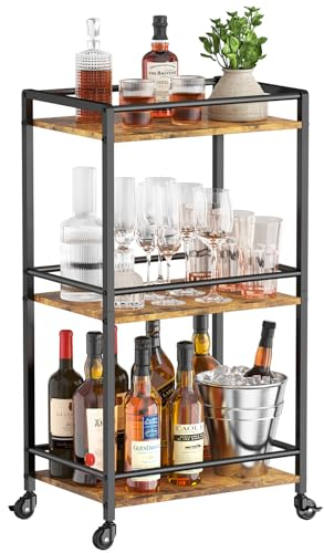 Lifewit Drink Cart, 3-Tier Rolling Bar Cart, Tea Serving Trolley on Lockable Wheels, Kitchen Cocktail Alcohol Trolley for Dining Living Room, 43.2 x 30 x 81.5 cm, Rustic Brown