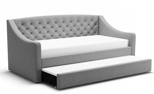 Flair Furnishings - Single Sofa Bed, Fabric Guest Bed and Day Bed with Trundle, Buttoned Chesterfield Design, Bold and Elegant (Grey)