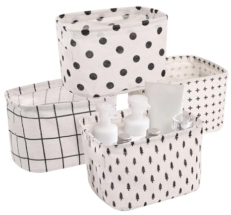 Minicoco 4 Pcs Storage Box Foldable Mini Storage Basket Square Natural Linen Cotton Fabric Organizer Basket Suitable for Home Dormitory Kindergarten Office Storage 4 Patterns 20.5*16*13cm