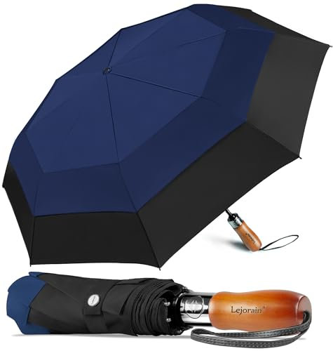 Lejorain Kompakter Golfschirm für Reisen, 137,2 cm, übergroß, zusammenklappbar, automatisches Öffnen, Schließen, tragbar, starker Erwachsenenschirm, luxuriöser Holzgriff