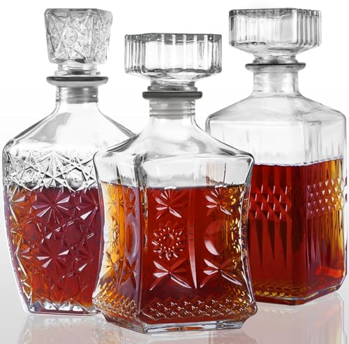 Whiskey Decanter Set of 3 Glass Liquor Decanters, Alcohol Bottles with Airtight Decanter for Tequila, Vodka and Brandy Unique Whiskey presents for Man, Dad, Husband and Home Bar Decor (28oz*2, 31oz*1)