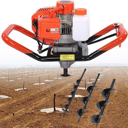 52cc Petrol Earth Auger Fence Post Hole Digger Kit with 3 Drill Attachments (100mm, 150mm, 200mm Dia) and Extension - Heavy Duty Borer