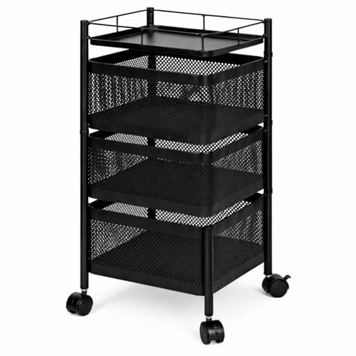 Carro auxiliar metálico con ruedas y cestas plegables ahorra espacio | Carrito cocina verdulero frutero | Estantería organizador de metal gran capacidad y bandeja superior | Estante cocina