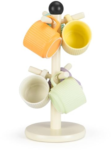 E-ROOM TREND Coffee Mug Holder Wood Mug Holder, Mug Tree with 6 Hooks Stand for Countertop Mugs Organizer Coffee Bar Accessories and Decor Coffee Organizer Station White(MH371)