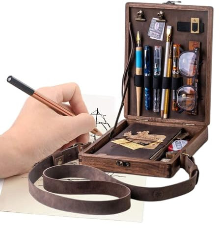 Writers Messenger Holzbox | A5 Künstlerwerkzeug und Pinsel-Aufbewahrungsbox | Handgefertigte Crossbodyy-Tasche | Mehrzweck-Umhängetasche aus Walnussholz, Kunst-Kreativitätsset in Holzkiste für Maler