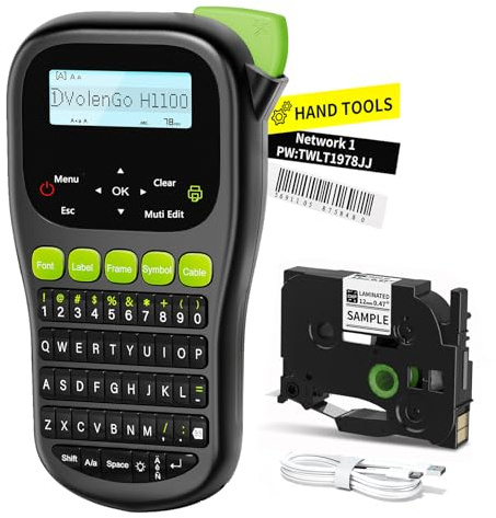 VolenGo H1100 Label Maker, Handheld Backlit Label Maker Machine, with Waterproof White Tape(12mm), Replacement for Brother Label Printer, QWERTY Keyboard & 3 Cable Modes, For Home & Office