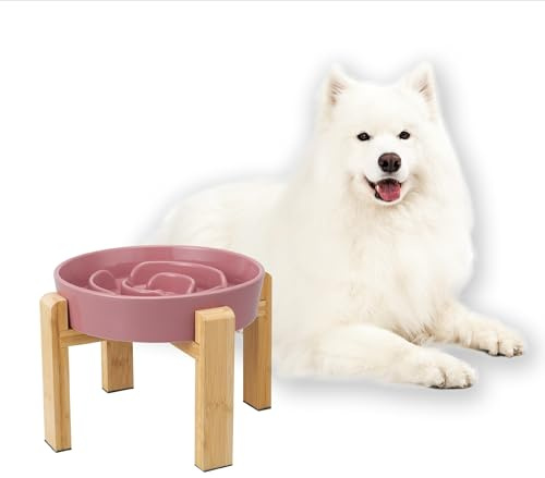 Elevated Slow Feeder Dog Bowl Large Breed, 8.8 Inch Ceramic Slow Eating Bowl with Bamboo Stand, Anti-Choking Raised Maze Design for Medium to Large Dogs, 3.2 Cup, Pink