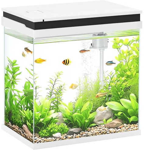 PawHut Fish Tank, 14L Glass Aquarium with Filter System, LED Lights, Water Pump, Betta Fish Tank for Goldfish, Shrimps, White