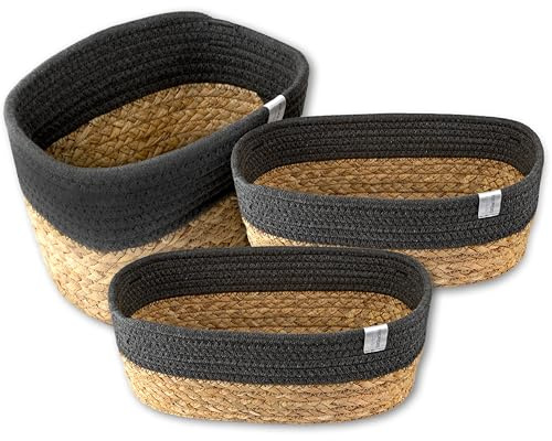 NORDIS DESIGN Aufbewahrungskörbe 3er Set aus Wasserhyazinthe und Baumwolle, Bad Aufbewahrungskorb geflochten zur Badezimmer Aufbewahrung & Bad Organisation dunkelgrau-natur