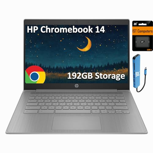 HP Chromebook 14 Laptop (14 HD, Intel 4-Core Celeron N4120, 4GB RAM, 64GB eMMC + 128GB SD Card) for Home, Students & Everyday Use, Light Weight, 14-Hr Battery Life, Webcam, Wi-Fi, IST HUB, Chrome OS