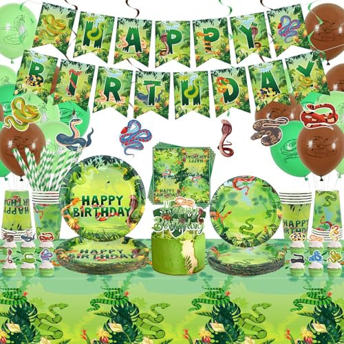 Obussgar Snake Birthday-partydekorationer – Snake partytillbehör inklusive banderoller, tallrik, kaka topp, kopp, servett, ballong, bordsduk – 20 personer (LQ)