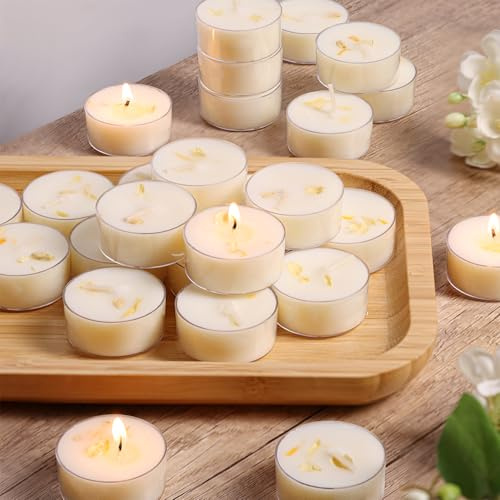 Jasmine Scented Tealight Candles, 16 Pack- Extended 4-5h Clear Cup Scented Tea Lights with Handmade Floral Surface, 100% Natural Palm Wax Tealights Smokeless for Romantic Dinner, Meditation