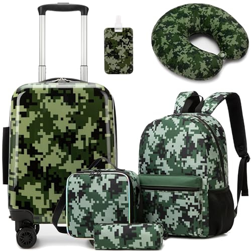 HTgroce 5-Piece Children's Suitcase Set, Children's Travel Suitcase with Backpack, Neck Pillow, Lunch Bag, Pencil Case & Suitcase Tag, Travel Trolley with Wheels for Children Hard Shell Suitcase for