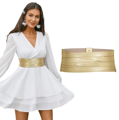 LEACOOLKEY Cintura Larga Mujer de Piel Elástica, Cinturón de Moda para Vestidos y Jeans, Regalo Elegante para Fiestas, 90cm(Misura vita 89cm-106cm)