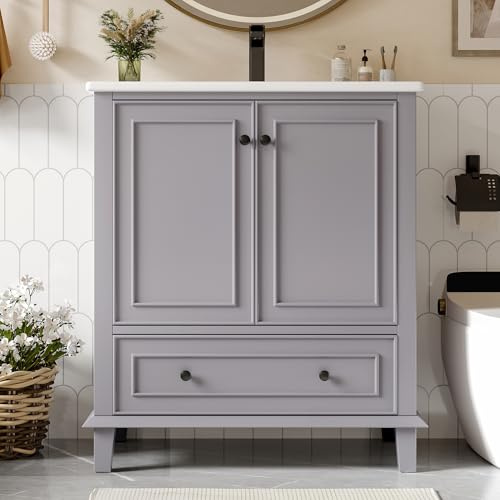 Merax Waschbecken mit Unterschrank Badmöbel-Set Badezimmerschrank mit Waschbecken, Massivholzbeine, Feuchtigkeits- & Wasserdicht, Integriertes Keramikbecken, Grau, 76x46x87 cm