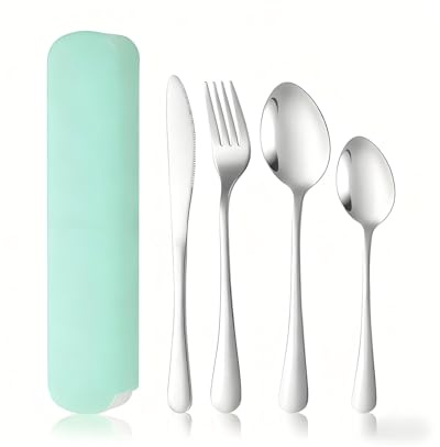 HUVZOR 4 utensilios de viaje con estuche,Cuchillo,Tenedor,Cuchara y cucharilla pequeña,Ideales para viajes,Picnic,Oficina y escuela,Lonchera portátil con acabado brillante,Apto para lavavajillas