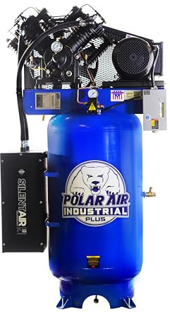 POLAR AIR Industrial Plus Silent Air Compressor - 10HP 80 Gal Vertical 2-Stage, 38CFM 230V 1-Phase with Pressure Lube Pump & Auto Drain System - PSP10V080V1