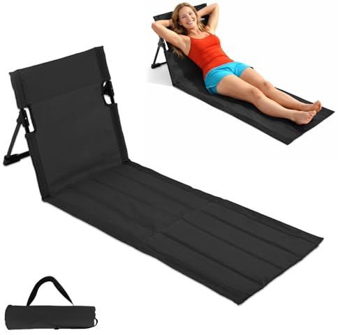 Strandmatta vikbar med ryggstöd 108 x 40,5 x 41 cm, premium strandmatta solsäng, solsäng, liggmatta, liggmatta, för trädgård, camping, picknick, resor, semester, strand, pool (svart)