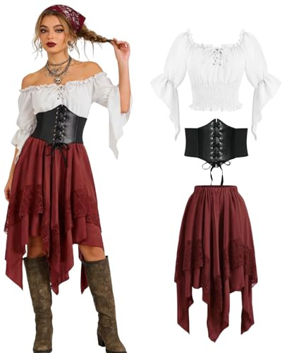 minkasic Medieval Costume Women Set Elegant Top, Skirt, Corset Belt for Renaissance Faire (Red, M)