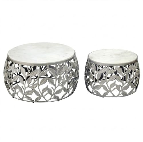 WOHNLING Set di 2 tavolini da salotto argento con piano in marmo bianco - Tavolino da soggiorno rotondo - Tavolino d'appoggio moderno in alluminio - Set tavolini da divano in alluminio con struttura i