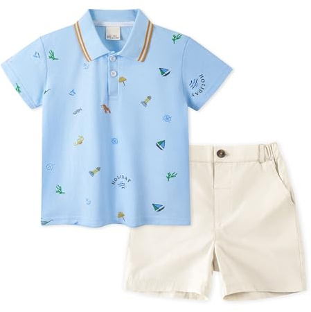 Volunboy Completi Estivi Bambino, Set di Polo Shirt a Maniche Corte e Pantaloncini per Neonato Ragazzi 1-6 anni(Stampa Blu,3-4 anni,Taglia 110)