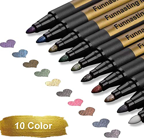 Funnasting Metallic Marker Pens, Set of 10 Assorted Colours Painting Pens Art Pens, Scrapbook Accessories, Card Making, DIY Photo Album, Plastic, Glass, Metal, Stone, Clothes and Pottery
