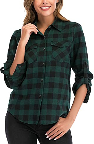 Enjoyoself dam, rutig blus, långärmad, rutiga flanellskjortor, 100 % bomull, button-down skjortblus för vardag och oktoberfest, Grön, M