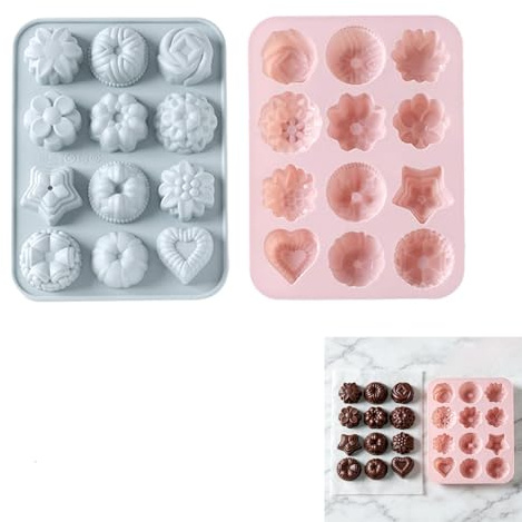 2 stycken bakformar i silikon för kakor, silikonform, 12-Cavity silikonformar för tvål gör-det-själv-formar, för tårtor, bakning, choklad, godis, gör-det-själv handgjord tvål (rosa, grå-blå)
