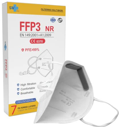 SV life 20 pcs Masque FFP3 à 7 couches, Homologué CE | Haute Protection >99% | Emballage individuel, non Réutilisable, taille Adulte, sans Valve, couleur Blanc