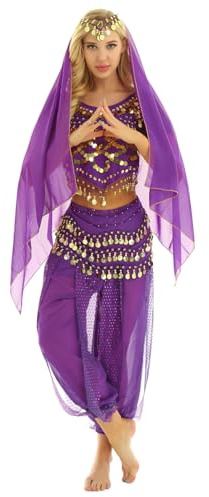 TTAO Femme Ensemble Danse Orientale Belly Dance Robe Danse du Ventre Classique Deguisement Indien Princesse Costume Halloween Carnaval Fêtes Violet Taille unique