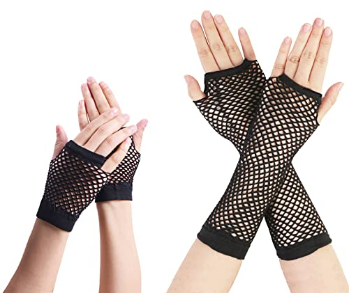 AZWOOD Fischnetz Handschuhe, 2 Paare Lang und Kurz Netz Mesh Handschuhe, Schwarz Fingerlose Netzhandschuhe - Damen Abendhandschuhe ​für Verkleidung Kostüm Party Lieferungen