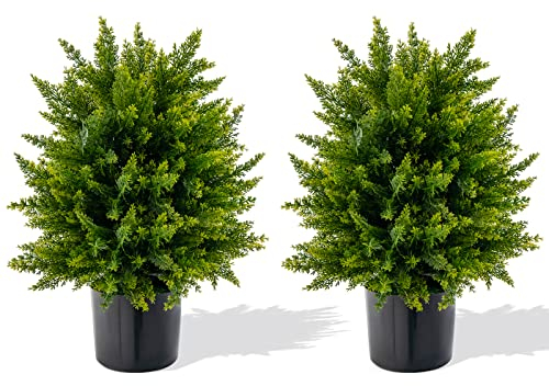 COSTWAY 2 Set Artificial Cypress Topiary Ball Tree, 50CM Artificial Cedar Plants with Cement Pot, Indoor Outdoor Decorative Fake Greenery Potted Bonsai for Home Office