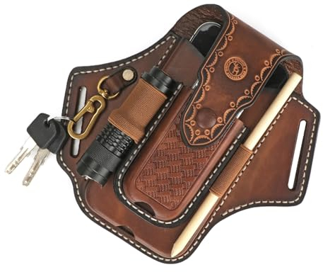 Tourbon Étui multifonction en cuir pour ceinture EDC Poche de téléphone pour homme avec lampe de poche, porte-stylo et porte-clés