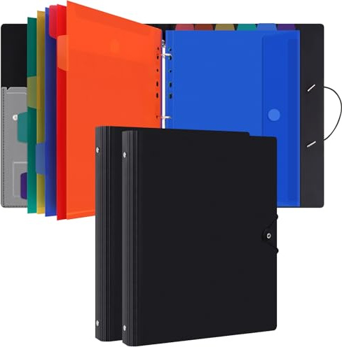 Uquelic 2 Pcs A4 Ring Binder with 24 Pcs Punched Pockets - Upgraded Folders for Paperwork, Plastic Popper Wallets - Document Organiser for Home Office School - Black