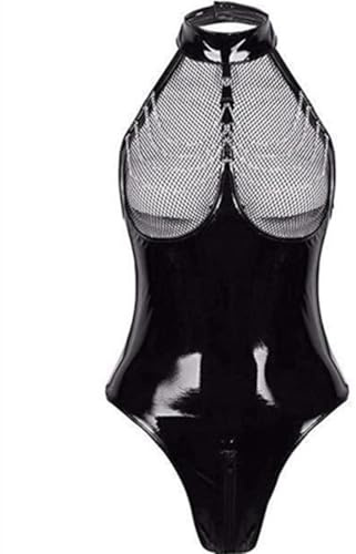 Satohom Sexy Pelle Verniciata Body Halter da Donna Un Pezzo Wetlook Teddy Biancheria Intima da Bagno Metallico PVC Babydoll Prospettiva della Maglia Clubwear per Natale Halloween Nero S-L