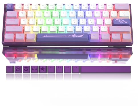 LQXQ WK61 Teclado Mecánico 60% Intercambiable, Teclado Mecánico para Juegos Inalámbrico RGB, Teclado en Caliente con Teclas PBT Violeta para Jugadores de PC con Windows - Interruptor Lineal Rojo