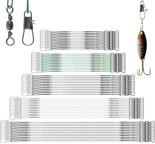 60 Pcs Stainless Steel Wire Traces Pike Fishing, 5 Size 10/15/ 20/25/ 30cm Anti-Bite Fishing Leaders with Swivels Snap, Fish Line Fishing Accessories for Bait Rigs Saltwater Freshwater