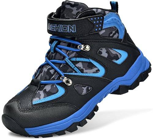 ASHION Winterschuhe Jungen Schneestiefel Kinder Mid Gefütterte Winterstiefel Wanderschuhe Trekking Baumwollschuhe,F Blau Schwarz, 37 EU