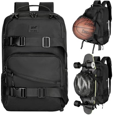 WOLT Skateboard Backpack, 15.6 Inch Laptop Backpack for Men Women, Sports Backpack with Ball Holder, Black