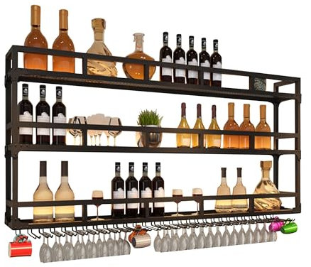 Weinregal Wand Metall mit Licht Flaschenregal Wine Rack Weinschrank Schmal Barschrank mit Weinglashalter Weinständer Weinflaschenhalter Getränke Regal Mini Bar für Esszimmer Home Bar Küche(Black,3LAYE
