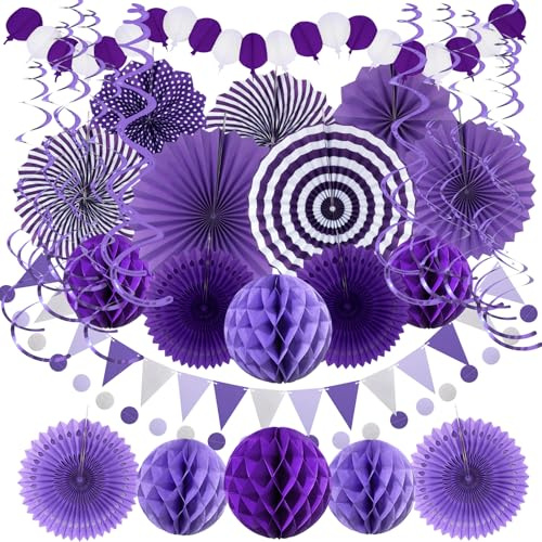 Decoración para Fiestas en Morado - Guirnalda de Bolas de Panal y Banderines en Espiral Fácil de Montar - Suministros para Cumpleaños, Bodas, Baby Shower y Celebraciones Elegantes​