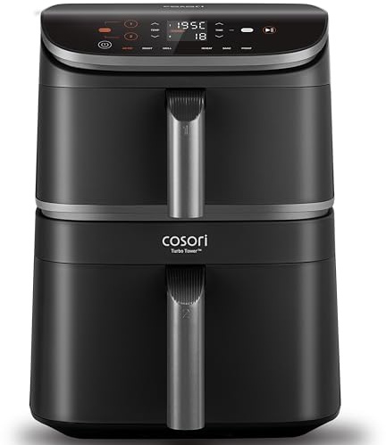 Cosori TurboTower Dual Air Fryer 10.8L, Space-Saving Double Stack Airfryer, Turbo Blaze Tech for Faster & Even Crisp Results, 3-Layer Cooking to Prepare Full Meals at Once, Energy Efficient