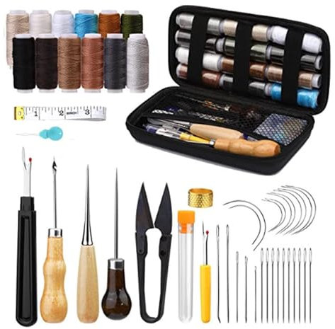 Leder Nähset, 48-Teiliges Hochleistungs LederWerkzeug mit Nähnadeln, Nähahle, Nahttrenner, Nähgarn für Reparaturen, Handnähen, Lederhandwerk, Multifunktionales DIY Leder-NäHset