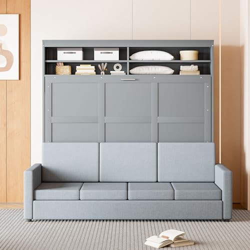 LZ LEISURE ZONE Queen Size Murphy Bed, Wooden Queen Murphy Bed with Sofa, Cushion and Shelves, Gray