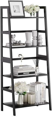 HITNET Ladder Shelf Black, 4-Tier Bookshelf, Freestanding Bathroom Storage Rack with Bamboo Frame, Plant Display Stand for Living Room, Kitchen, Home Office