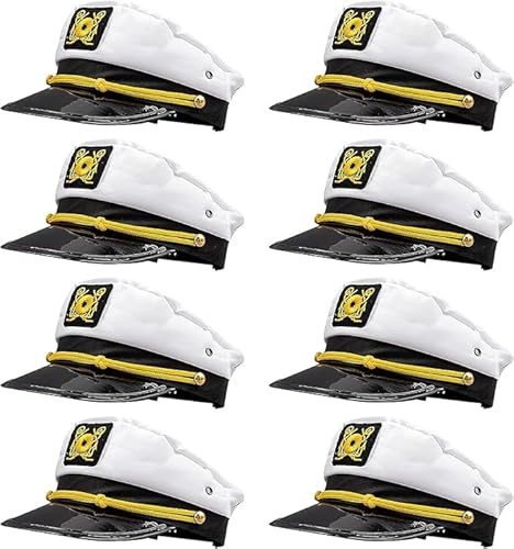 8 Pack White Yacht Captain Costume Hat, Adjustable Boat Sailor Hat, Navy Marine Admiral Cap for Boat Costume Cosplay Party Family Cruise Accessory