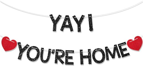 DOPENSPI Yay You're Home Banner, Willkommensschild für die Familienfeier, Dekoration mit schwarzem Glitzer Willkommens Banner Tür, Willkommen Zurück Partydeko