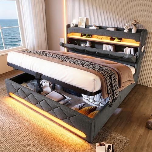 Super King Size Ottoman Bed with LED Concealed Storage Headboard, 6ft Upholstered Platform Bed Frame with USB Type-C Charging, Hydraulic Gas Lift Up Fabric Storage Bed with Slats, Grey, No Mattress