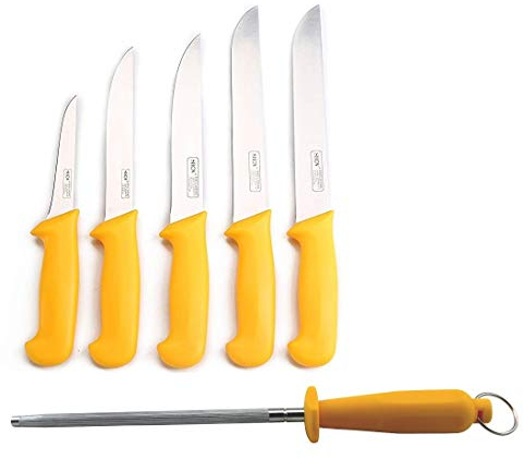 Shov - Coltelli da macellaio da cucina, 5 pezzi, in acciaio inox, resistenti alla ruggine, qualità professionale, con affilacoltelli per coltelli durevoli, colore giallo